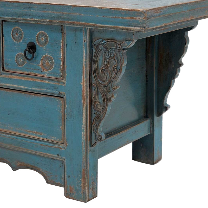 Деревянная ТВ-тумба в китайском стиле с 4-мя ящиками и резным декором голубая Luo Chinese TV Stand Blue