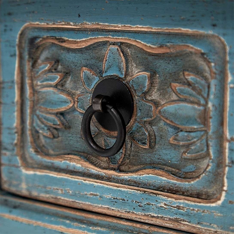 Деревянная ТВ-тумба в китайском стиле с 4-мя ящиками и резным декором голубая Luo Chinese TV Stand Blue