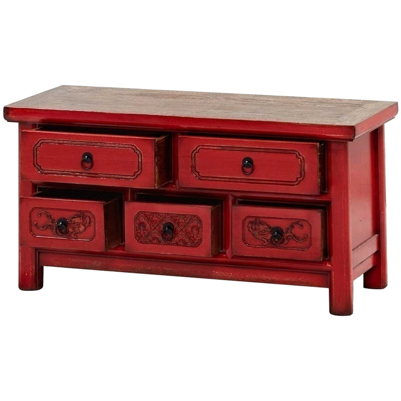 Деревянная ТВ-тумба в китайском стиле с 5-ю выдвижными ящиками Chinese TV Stand Red