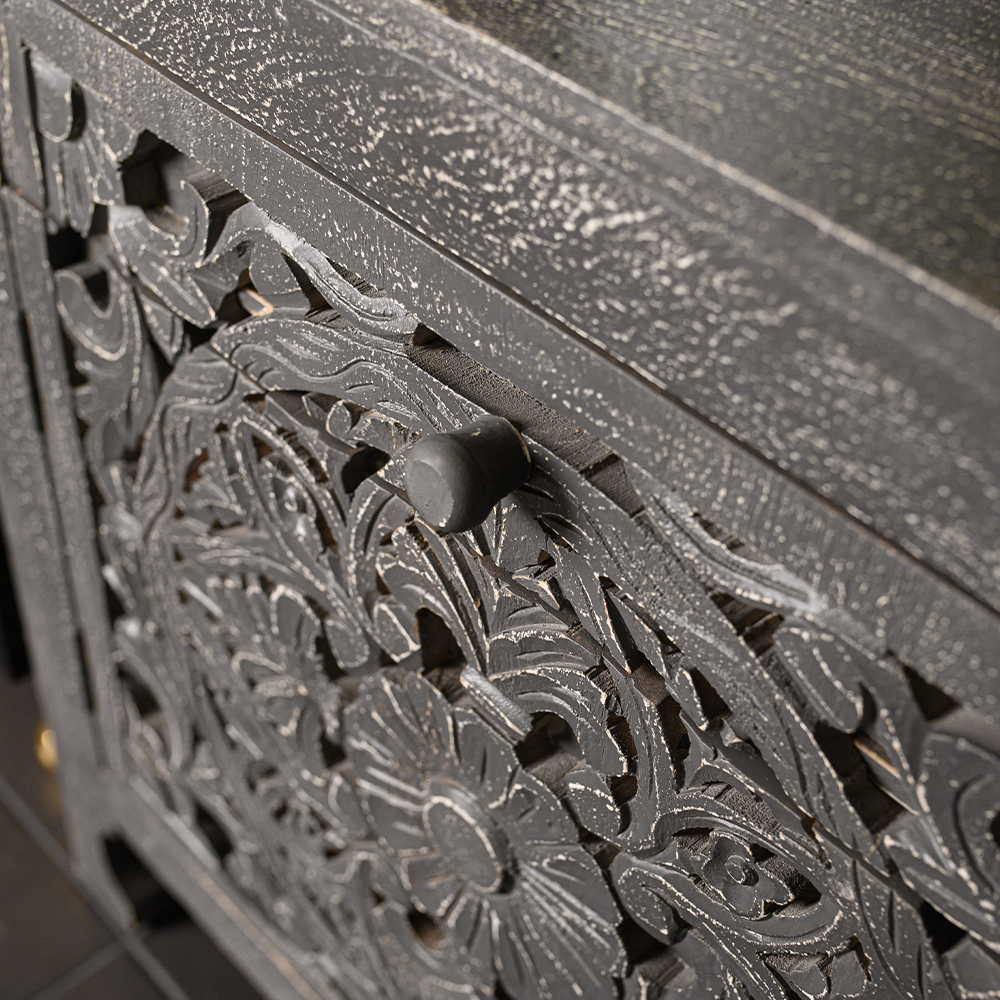 Деревянная тумба с резными ящиком и дверцей Azure Grey Wooden Nightstand