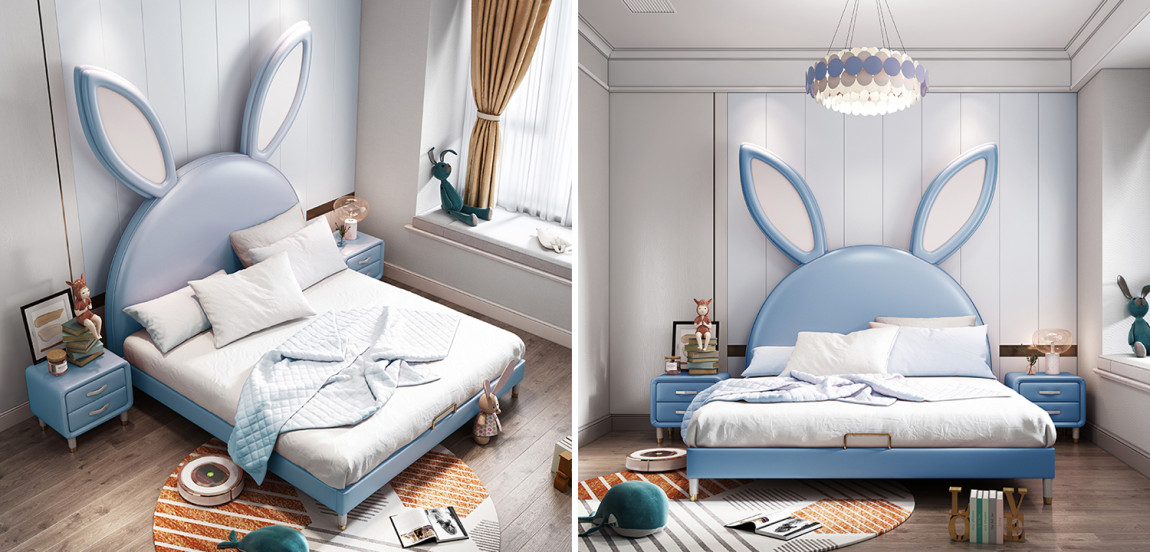 Детская кровать изголовьем в виде зайчика Голубой