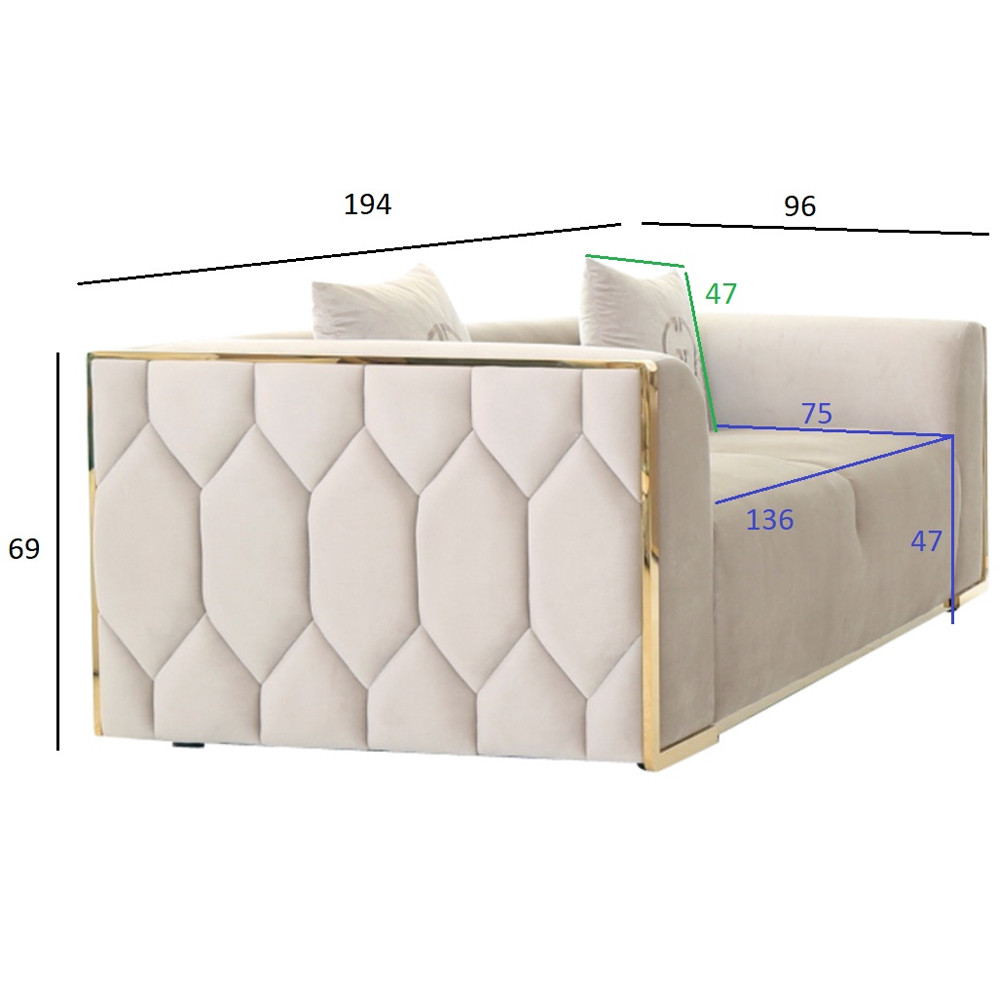 Диван двухместный  бежевый с золотым каркасом Bertrude