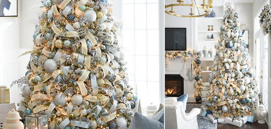 Дизайнерская Елка с Бежевым и Голубым Декором Blue Balloons and Beige Ribbons