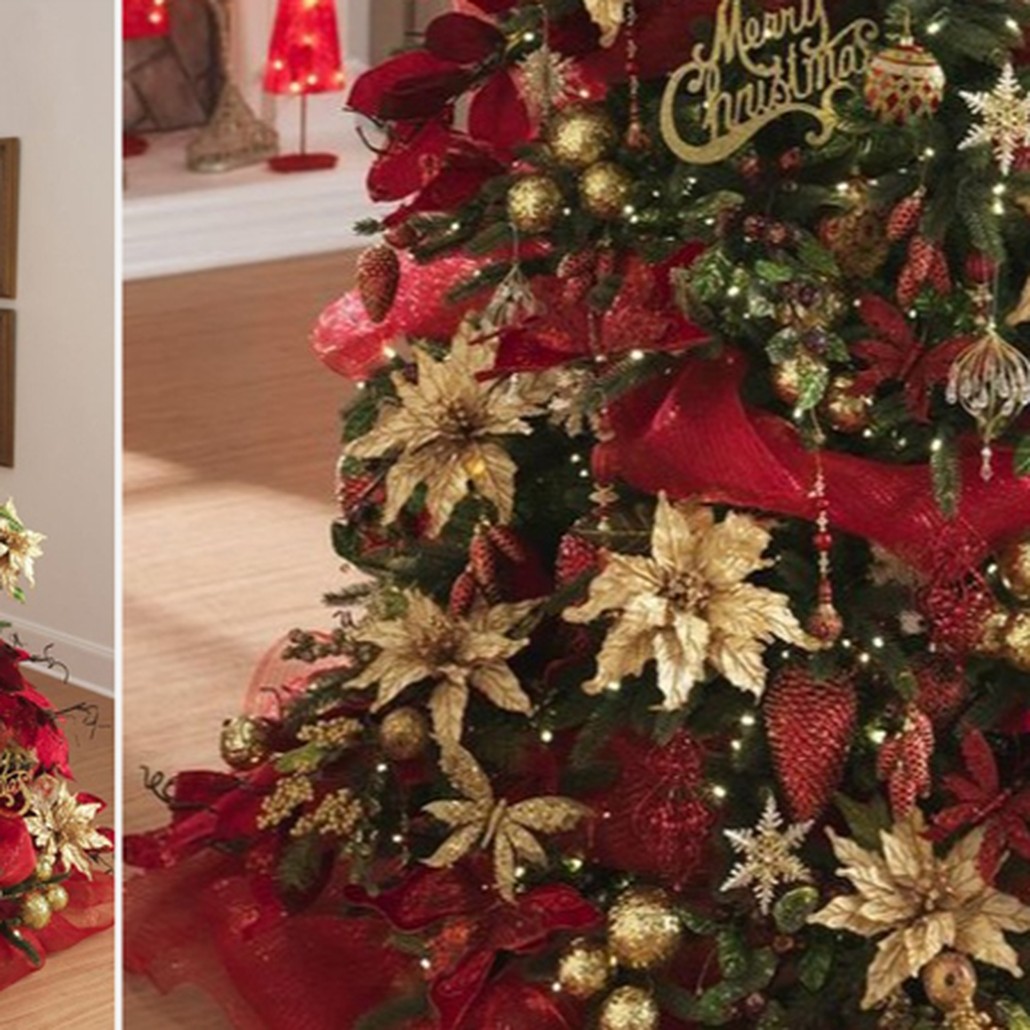 Дизайнерская Елка с Красным и Золотым новогодним декором Christmas Tree Golden Flowers