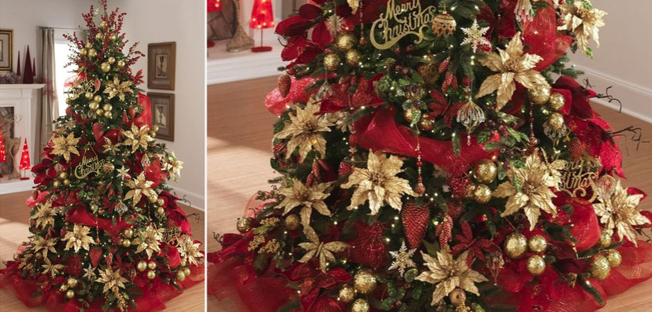 Дизайнерская Елка с Красным и Золотым новогодним декором Christmas Tree Golden Flowers