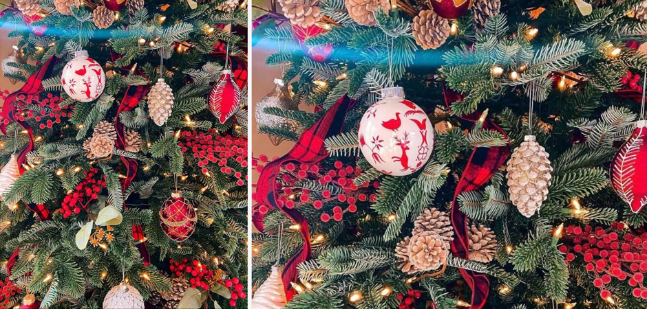 Дизайнерская Елка Украшенная Золотым и Белым декором Pine Cones and Red Decor