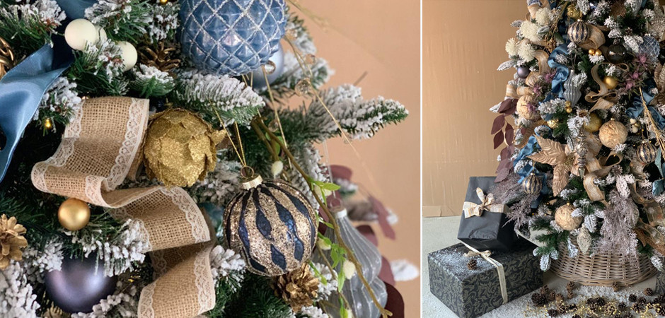 Дизайнерская Ель Голубой и Бежевый Декор Blue and Beige Decor