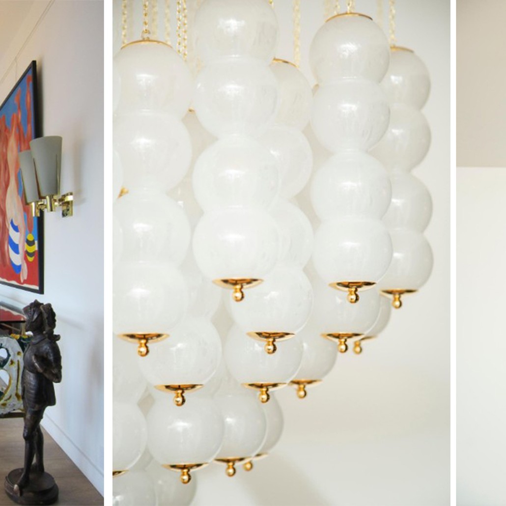 Дизайнерская Люстра Модерн середины ХХ века Flushmount Murano White Glass and Brass Ceiling Light