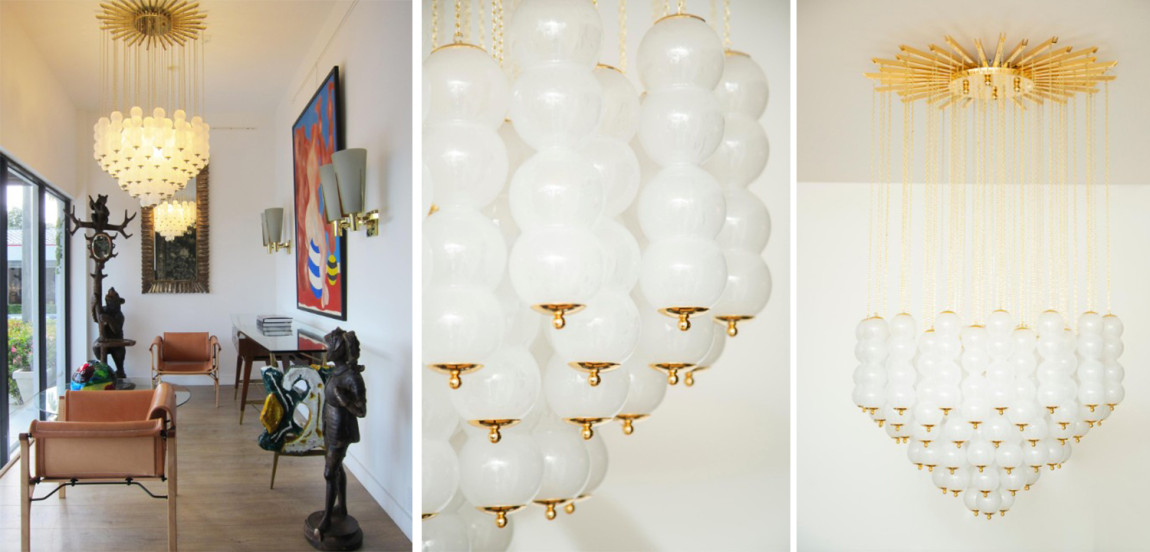 Дизайнерская Люстра Модерн середины ХХ века Flushmount Murano White Glass and Brass Ceiling Light