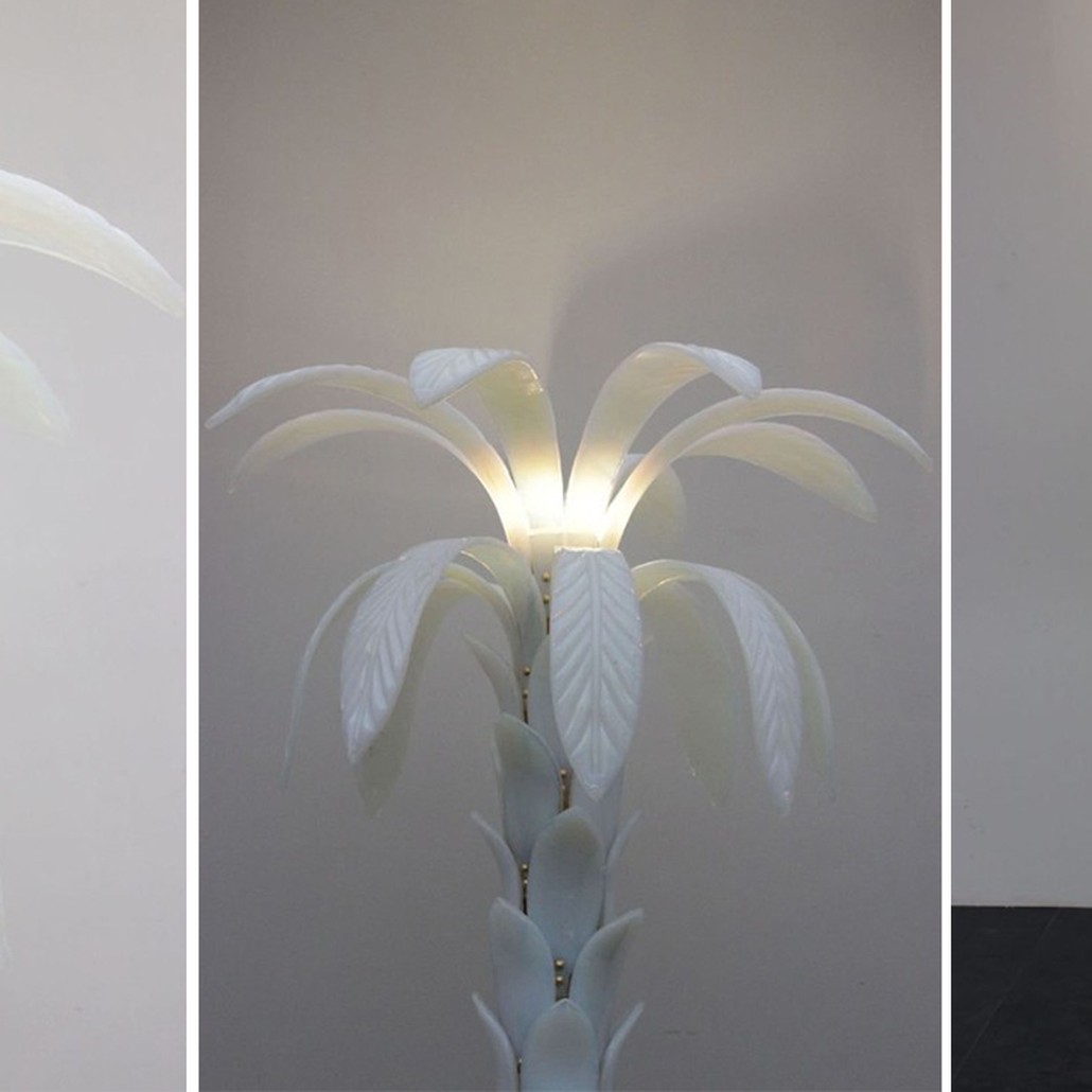 Дизайнерская Торшер Пальма из Белого Стекла Модерн ХХ века Murano Glass Palm-Shaped Floor Lamp