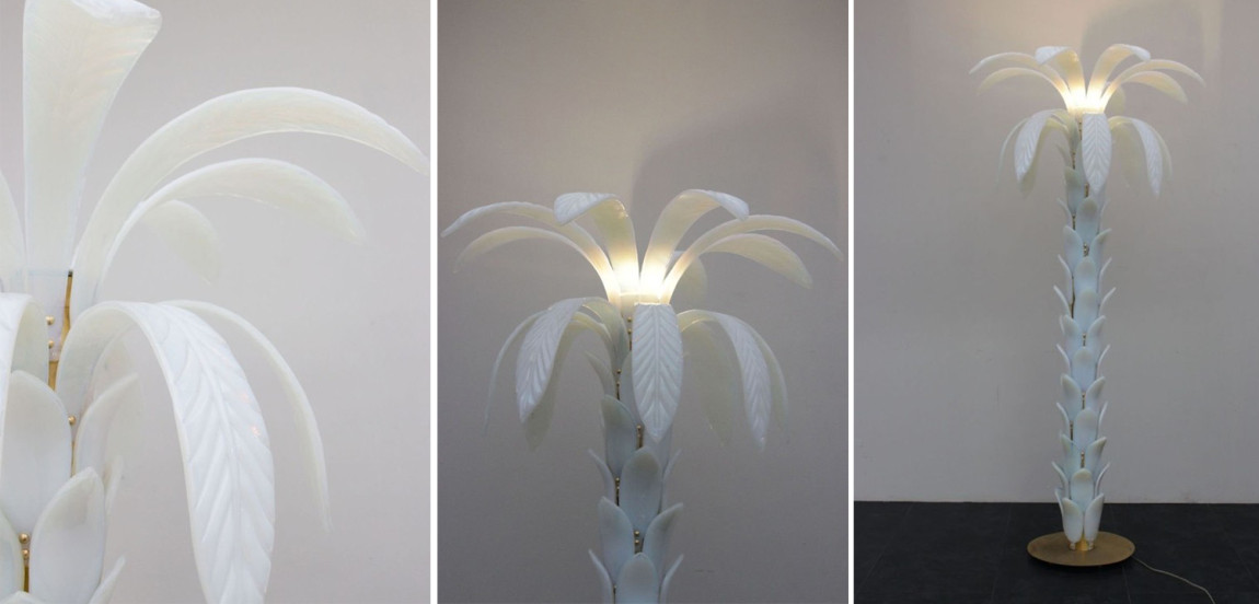 Дизайнерская Торшер Пальма из Белого Стекла Модерн ХХ века Murano Glass Palm-Shaped Floor Lamp