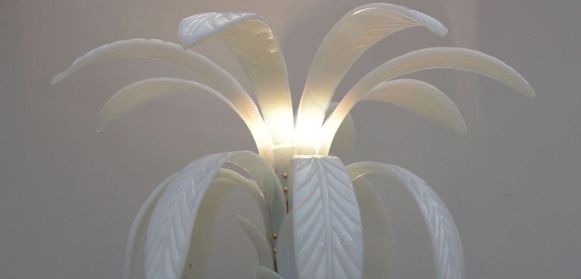 Дизайнерская Торшер Пальма из Белого Стекла Модерн ХХ века Murano Glass Palm-Shaped Floor Lamp