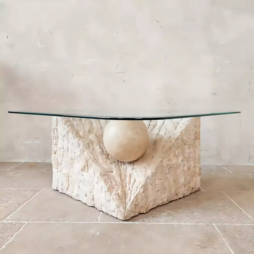 Дизайнерский журнальный стол в виде раковины с жемчужиной под прозрачной столешницей Fahin