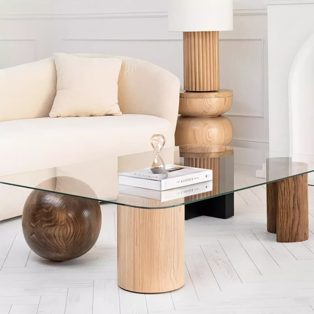 Дизайнерский журнальный стол с прозрачной столешницей и ножками в форме геометрических фигур Pytusin