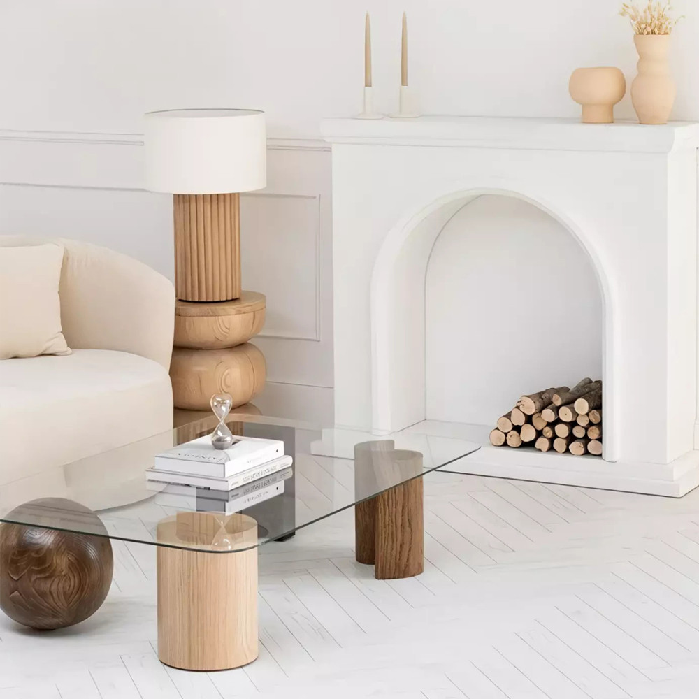 Дизайнерский журнальный стол с прозрачной столешницей и ножками в форме геометрических фигур Pytusin