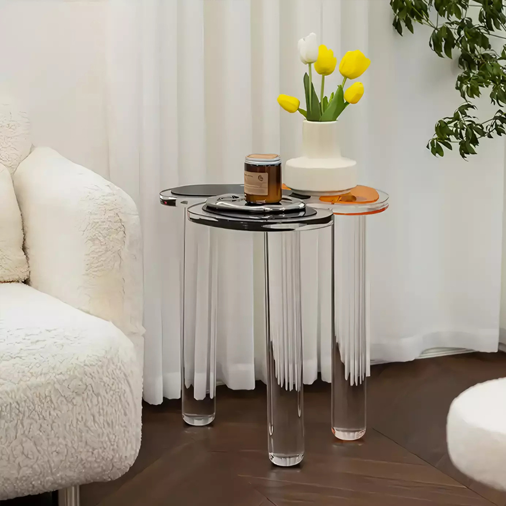 Дизайнерский журнальный стол с фигурной столешницей на 3-х прозрачных ножках Rahakif