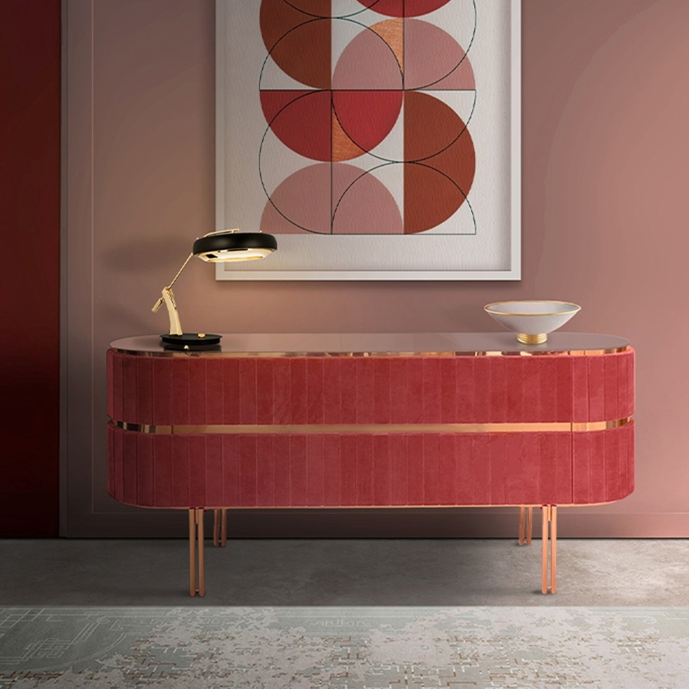 Дизайнерский комод овальный с розовой бархатной обивкой Edith