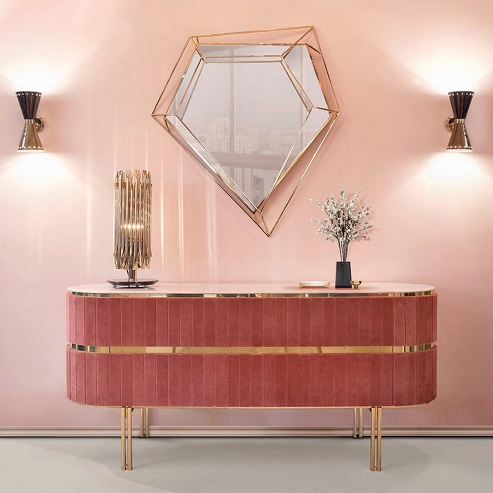 Дизайнерский комод овальный с розовой бархатной обивкой Edith