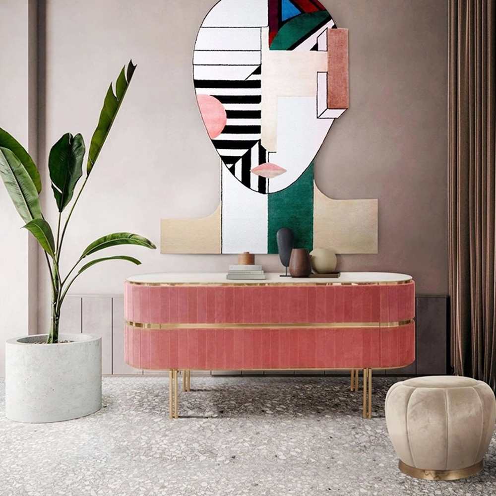 Дизайнерский комод овальный с розовой бархатной обивкой Edith