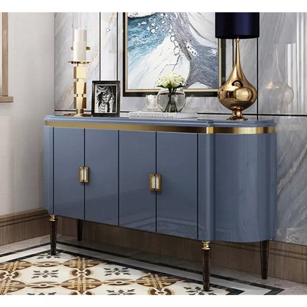 Дизайнерский комод синий глянцевый с золотыми ручками на 4-х дверцах Martin