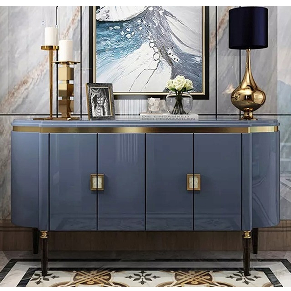 Дизайнерский комод синий глянцевый с золотыми ручками на 4-х дверцах Martin