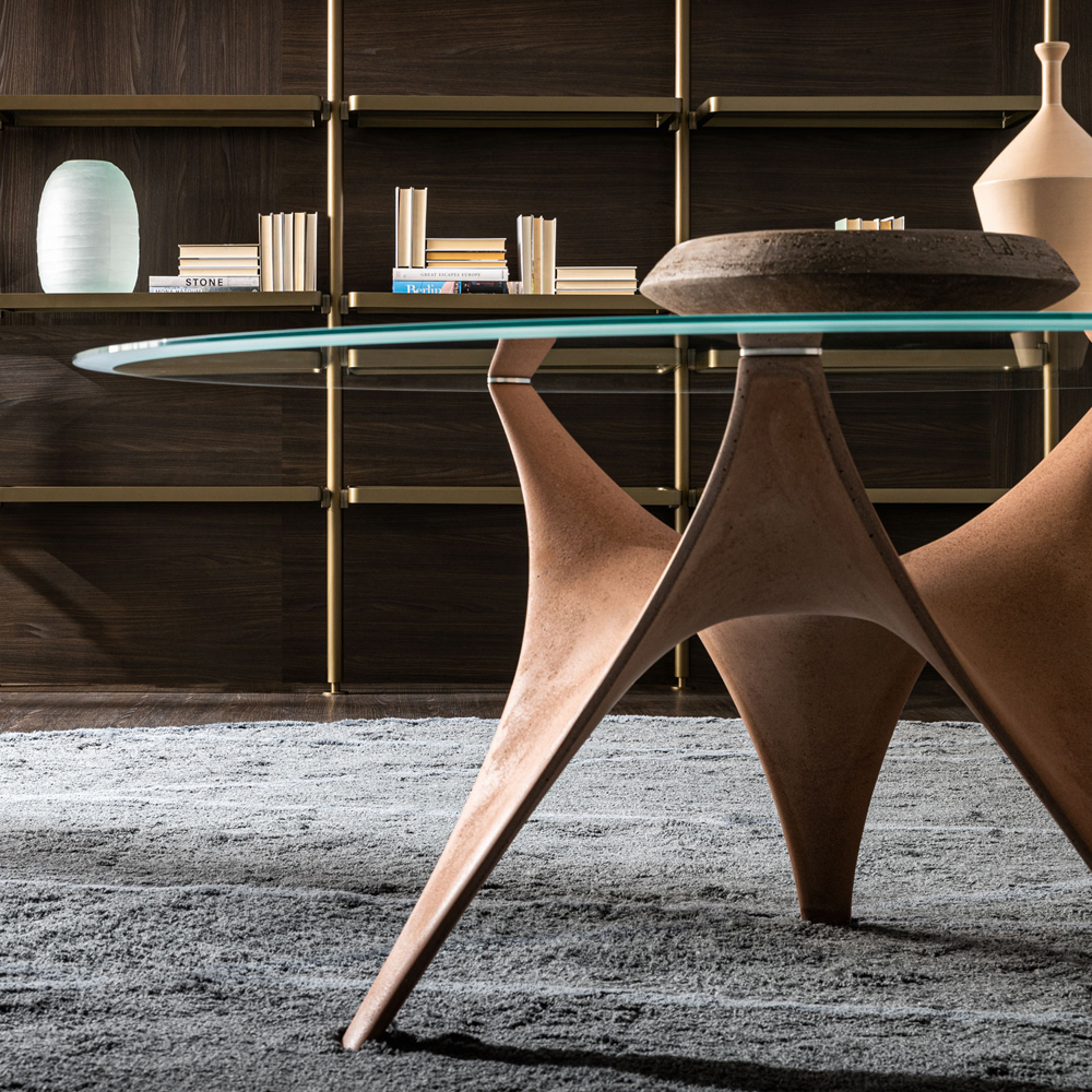 Дизайнерский круглый обеденный стол стеклянный с фигурным подстольем из цемента ARC Dining Table