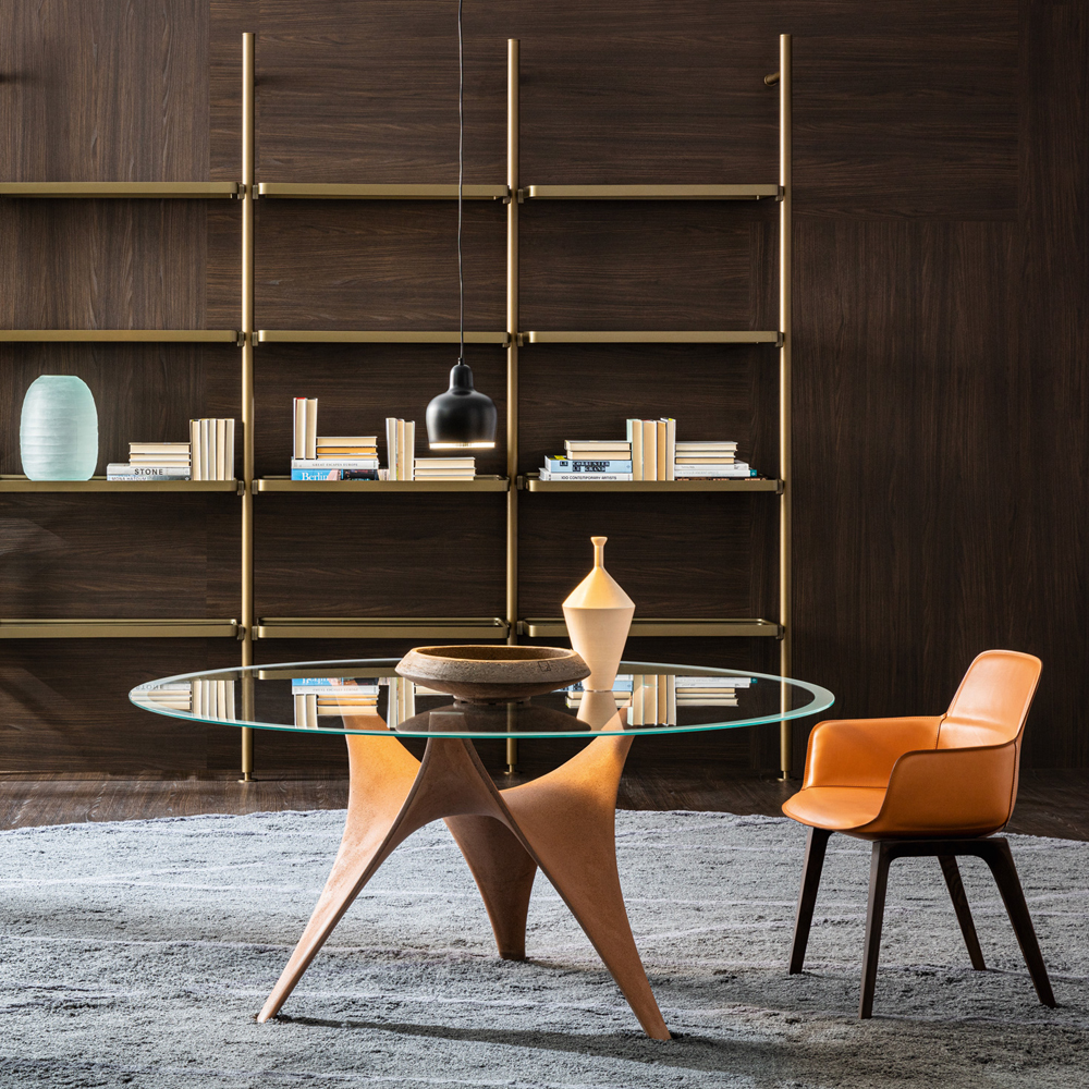 Дизайнерский круглый обеденный стол стеклянный с фигурным подстольем из цемента ARC Dining Table