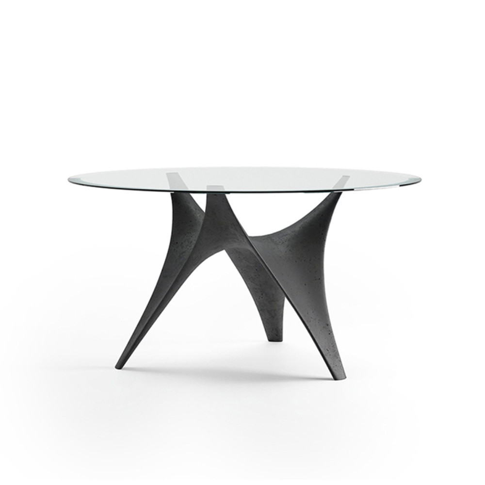 Дизайнерский круглый обеденный стол стеклянный с фигурным подстольем из цемента ARC Dining Table
