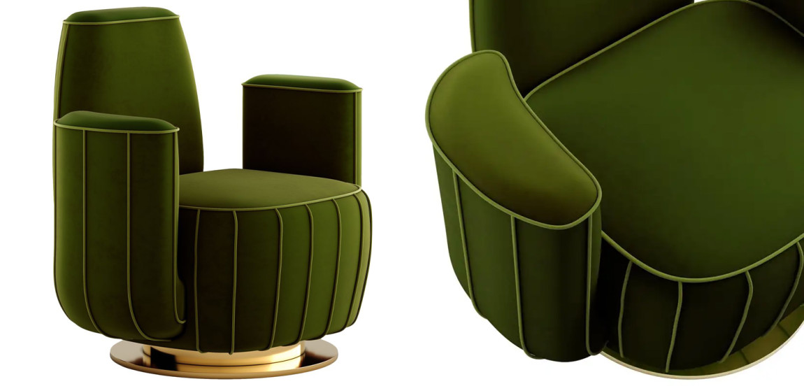 Дизайнерское Кресло-Кактус Modern Green Velvet Armchair Cactus Shape with Gold Swivel Base