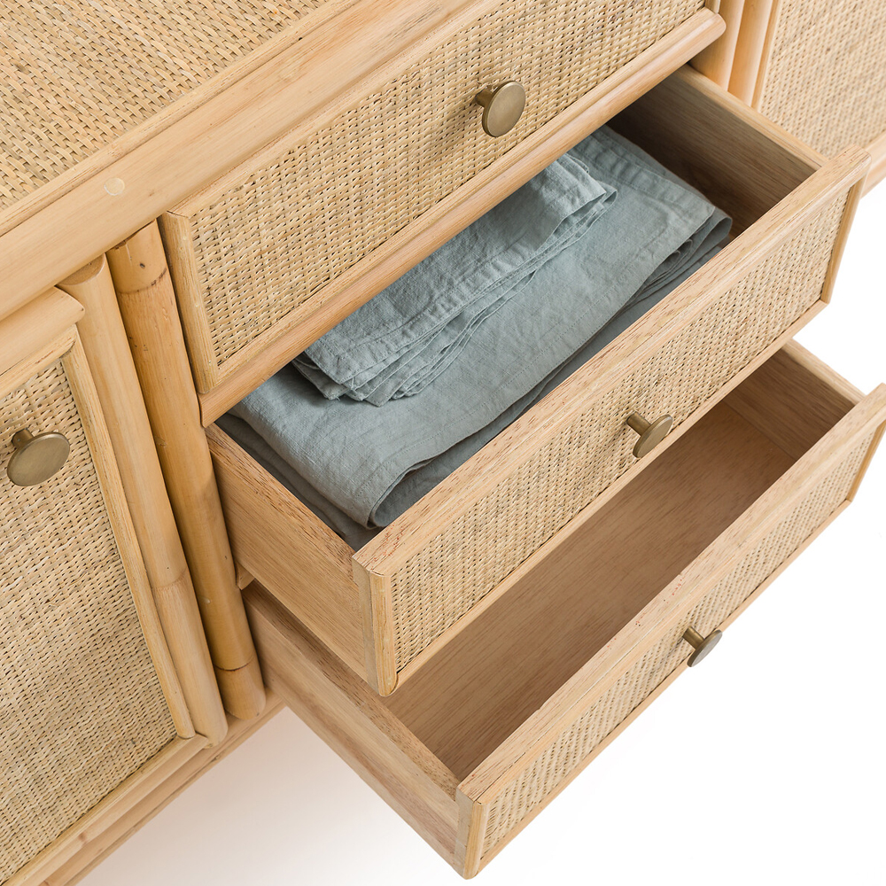 Длинный комод из ротанга с дверцами и ящиками Simone Rattan Chest of Drawers