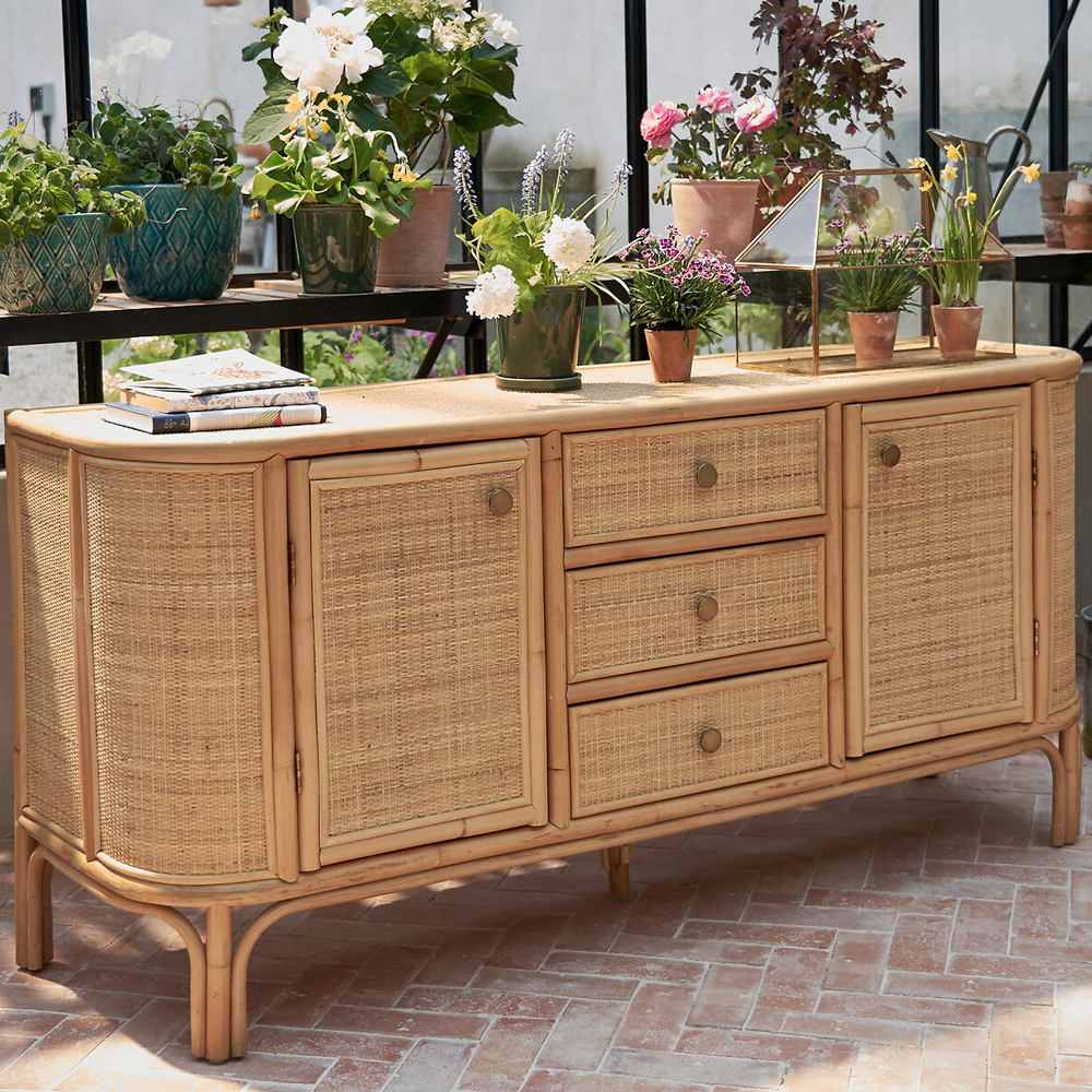 Длинный комод из ротанга с дверцами и ящиками Simone Rattan Chest of Drawers
