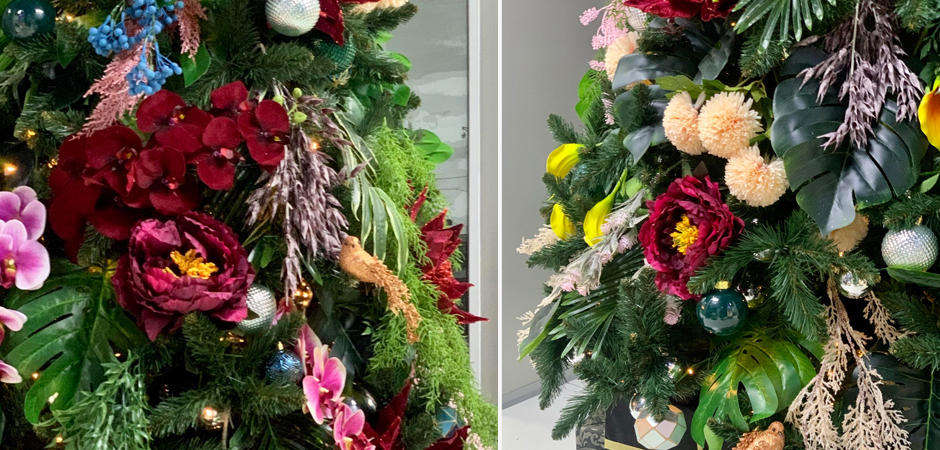 Ель Дизайнерская украшенная тропическими Цветами Christmas tree Tropical Flowers