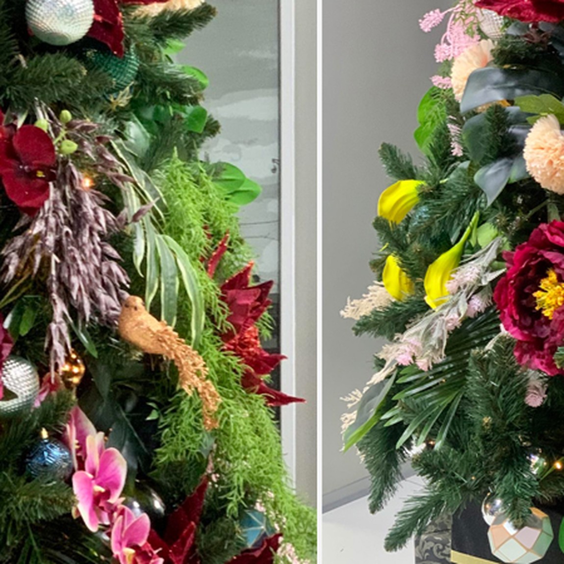 Ель Дизайнерская украшенная тропическими Цветами Christmas tree Tropical Flowers