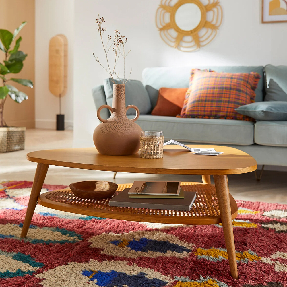 Журнальный стол из массива дуба и декором из плетеного ротанга Reyer Rattan Coffee Table