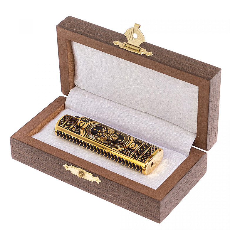 Зажигалка газовая с гравировкой Герба РФ в деревянной коробке Metal Lighters