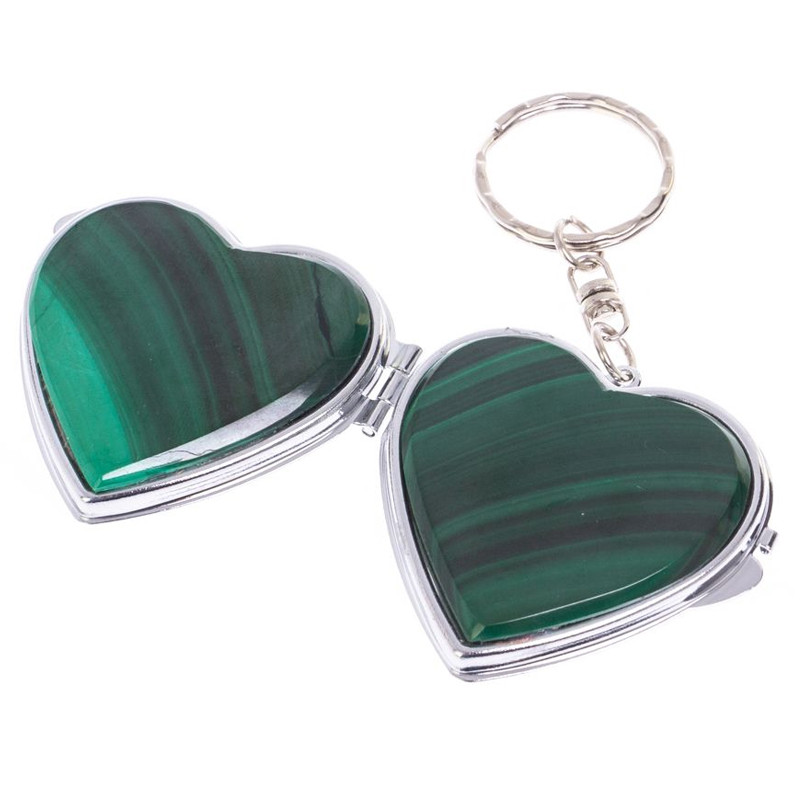 Зеркало брелок складное двухстороннее в форме сердца из натурального камня Малахит Stone Mirrors