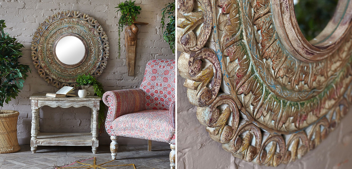 Зеркало в резной раме Manjula Grey Mango Carved Mirror