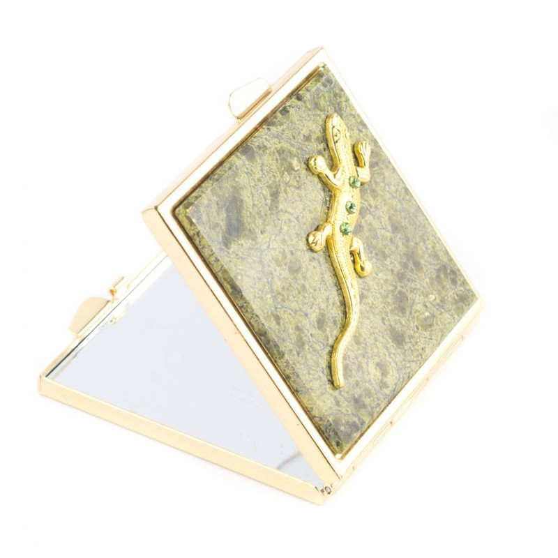 Зеркало двухстороннее квадратное из натурального камня Змеевик с декоративной вставкой в виде ящерицы Gold Stone Mirrors