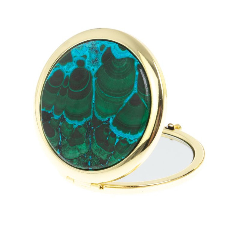 Зеркало карманное складное круглое из натурального камня Малахит с Хризоколлой в подарочной упаковке Gold Stone Mirrors