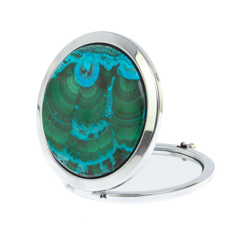 Зеркало карманное складное круглое из натурального камня Малахит с Хризоколлой в подарочной упаковке Silver Stone Mirrors