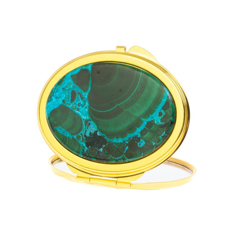 Зеркало карманное складное овальное из натурального камня Малахит с Хризоколлой Gold Stone Mirrors
