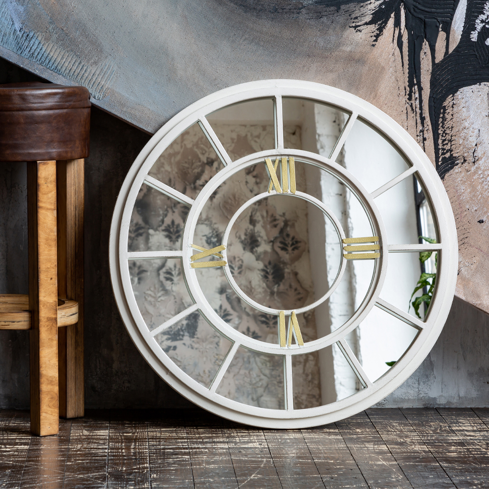 Зеркало настенное в белой металлической раме в виде часов Mirror Tower Clock