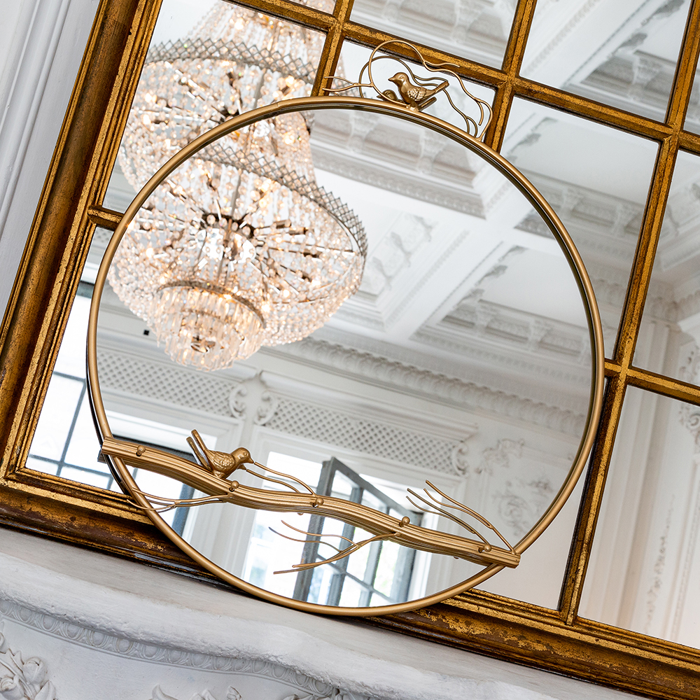 Зеркало настенное в раме золотого цвета с декором птица на ветке Mirror Portal