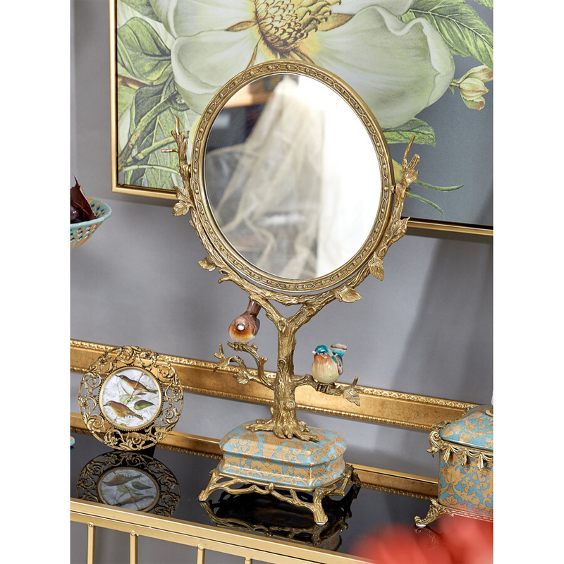 Зеркало с бронзовой подставкой в виде дерева и фарфоровыми птичками на голубом основании Eden Garden