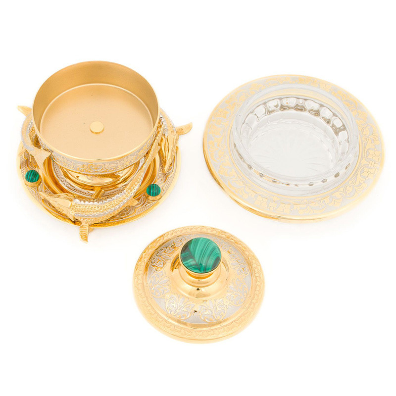 Икорница c декором "Три стерлядки" с гравировкой и натуральным камнем Малахит Decorative Cavair Dishes