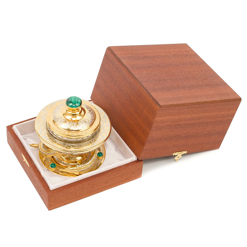 Икорница c декором "Три стерлядки" с гравировкой и натуральным камнем Малахит Decorative Cavair Dishes