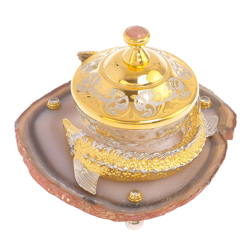 Икорница с декором "Осетр" с гравировкой на подставке из натурального камня Агат Decorative Cavair Dishes