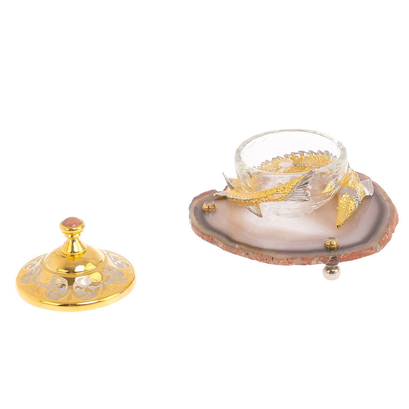 Икорница с декором "Осетр" с гравировкой на подставке из натурального камня Агат Decorative Cavair Dishes