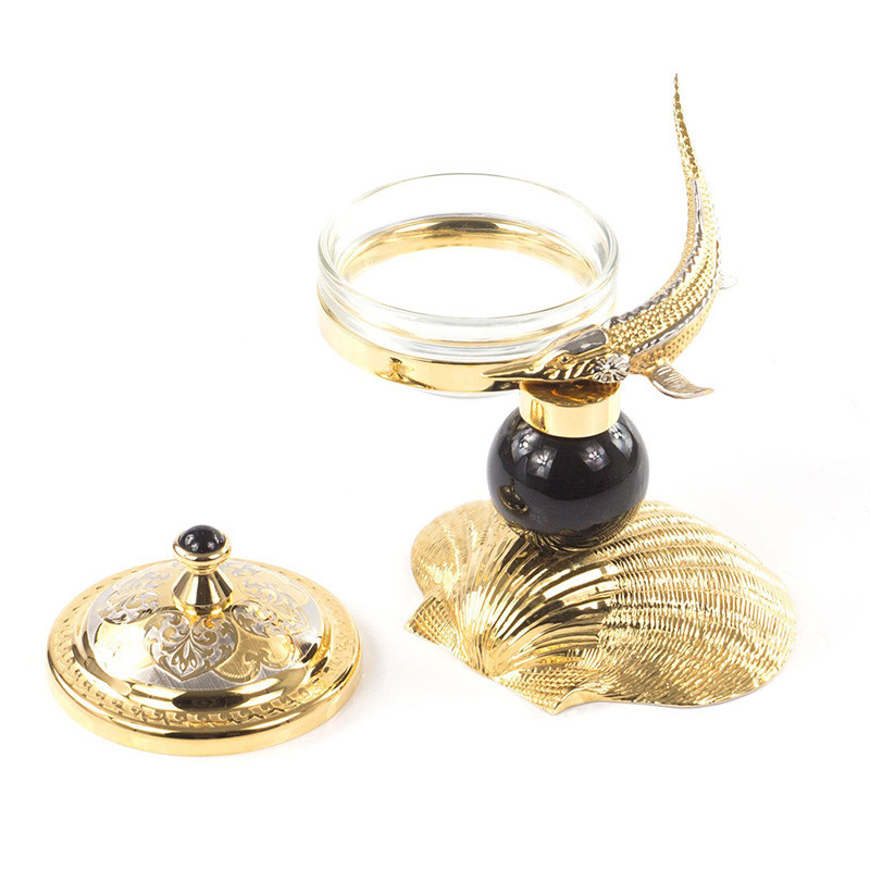 Икорница с декором "Стерлядка на ракушке" с гравировкой на подставке из натурального камня Обсидиан Decorative Cavair Dishes