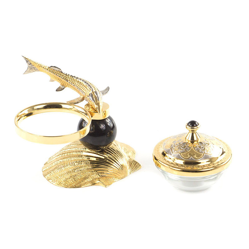 Икорница с декором "Стерлядка на ракушке" с гравировкой на подставке из натурального камня Обсидиан Decorative Cavair Dishes